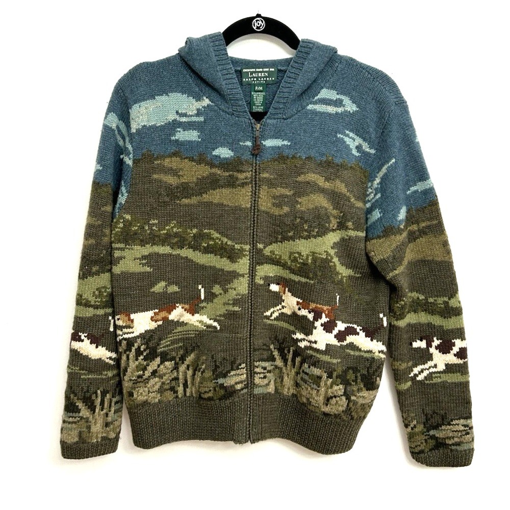 Lauren Ralph Lauren Hoodie Sweater The Dog Hunt Women's P/M Wool Blend Full Zip